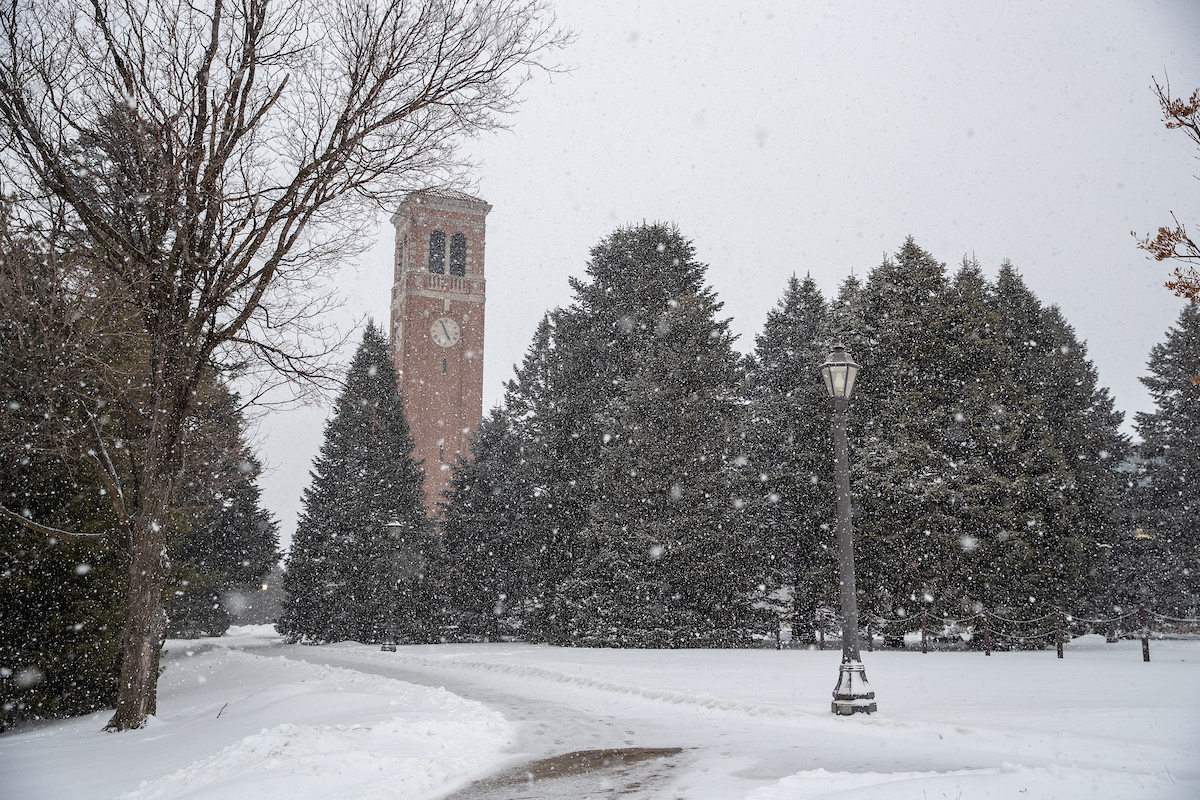 Campanile on a snowy day.